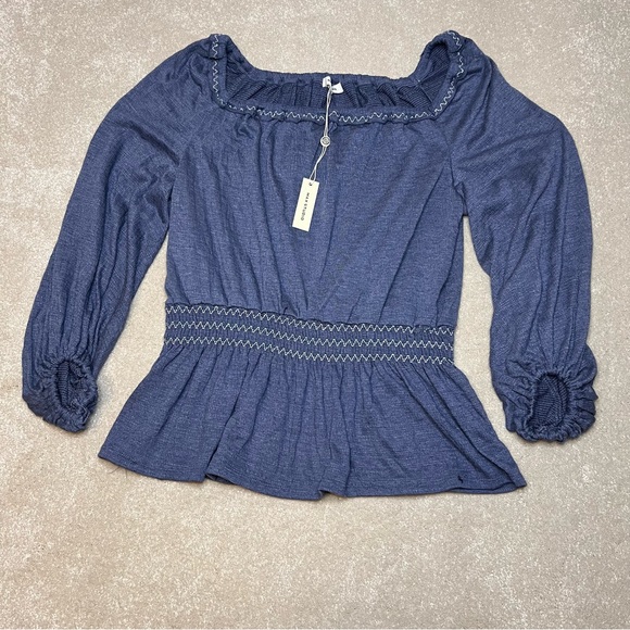 Max Studio‎ NWT Blue 3 quarter sleeve stretchy soft peasant blouse women's Large - Picture 1 of 12